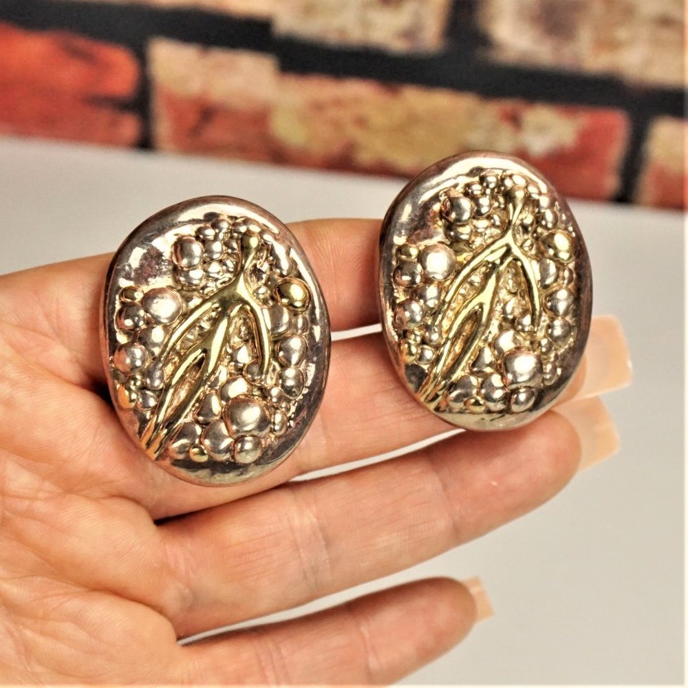 HUGE STERLING SILVER ABSTRACT CLIP ON OVAL EARRINGS GIFT FOR WOMEN